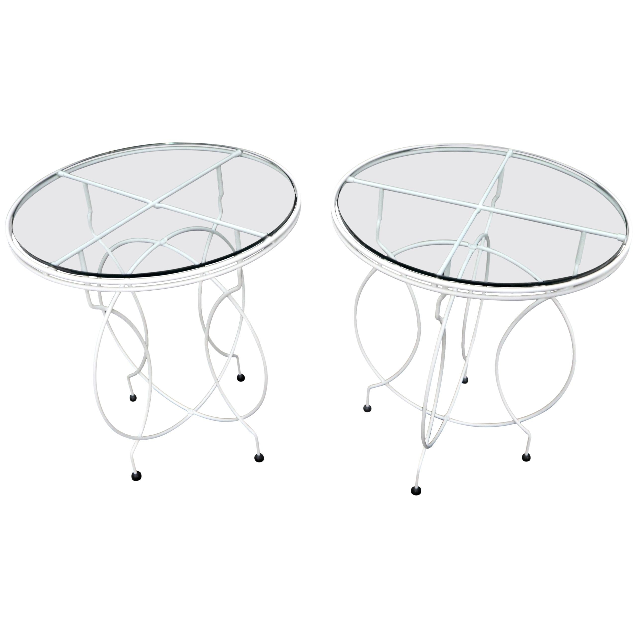 Pair of Midcentury Ice Cream Style Round Folding Cafe Tables Glass Tops For Sale