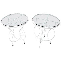 Pair of Midcentury Ice Cream Style Round Folding Cafe Tables Glass Tops