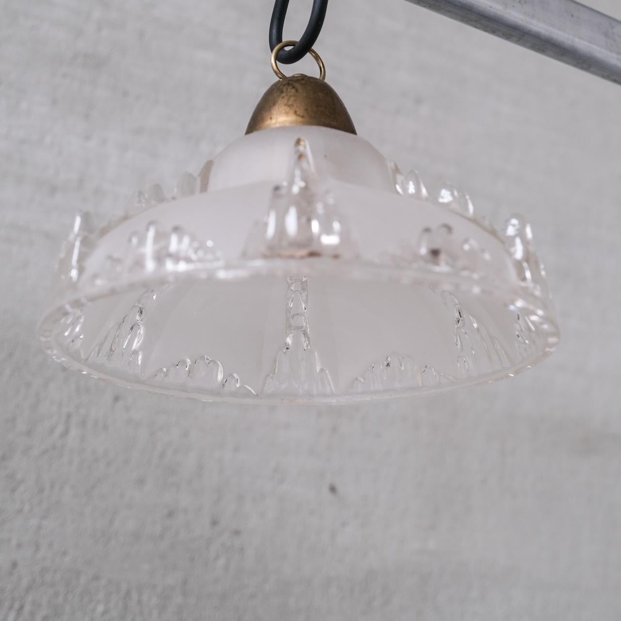 Brass Pair of Mid-Century 'Ice' Glass Pendant Lights For Sale