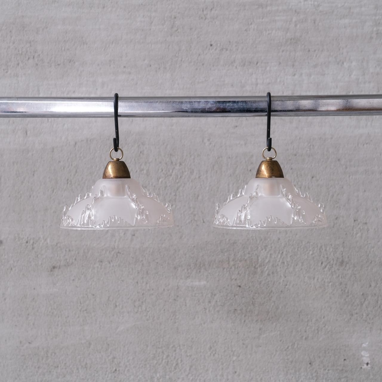 Pair of Mid-Century 'Ice' Glass Pendant Lights For Sale 3