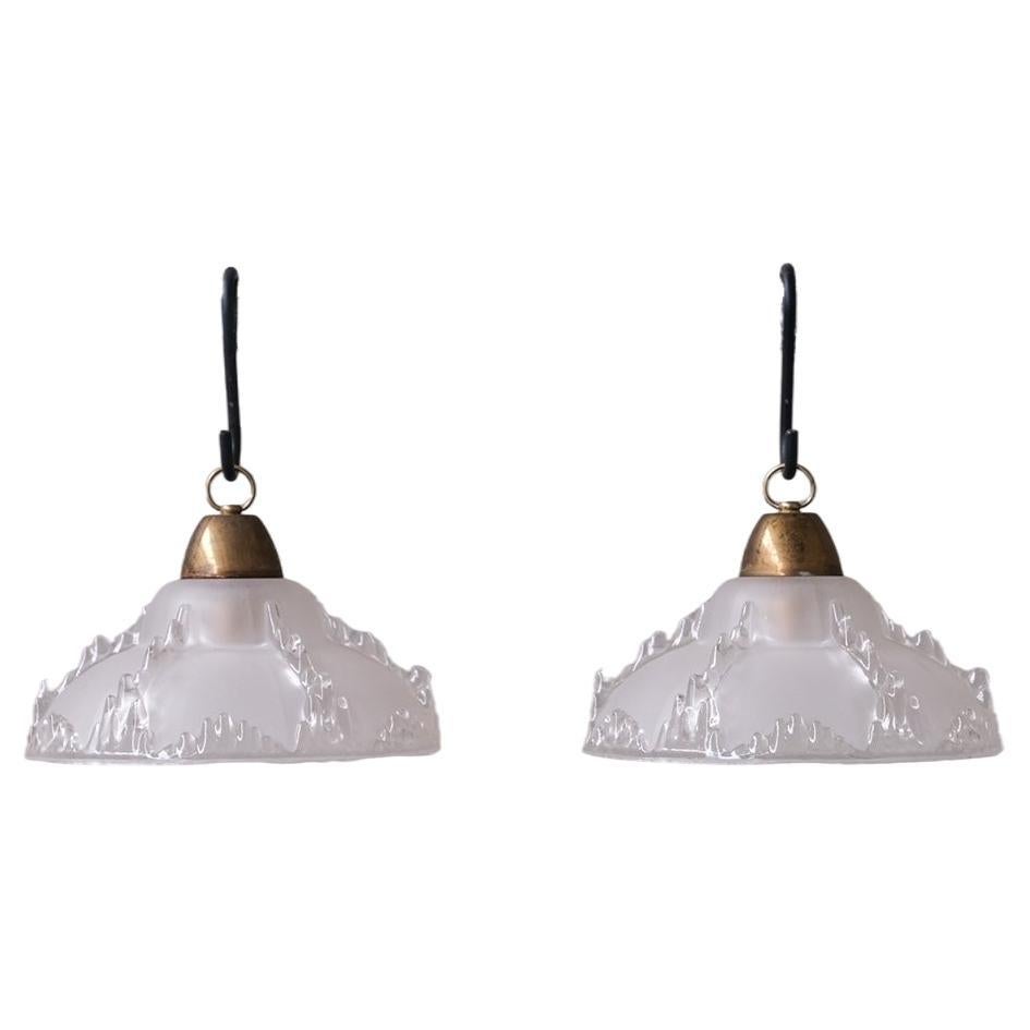 Pair of Mid-Century 'Ice' Glass Pendant Lights For Sale