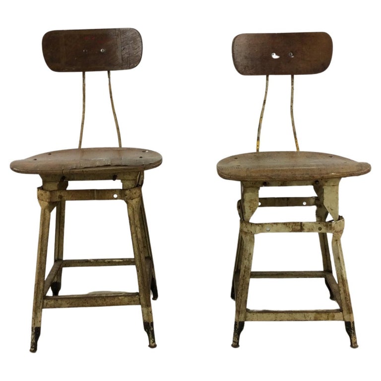 Pair of Mid Century Industrial Counter Height Stools For Sale at