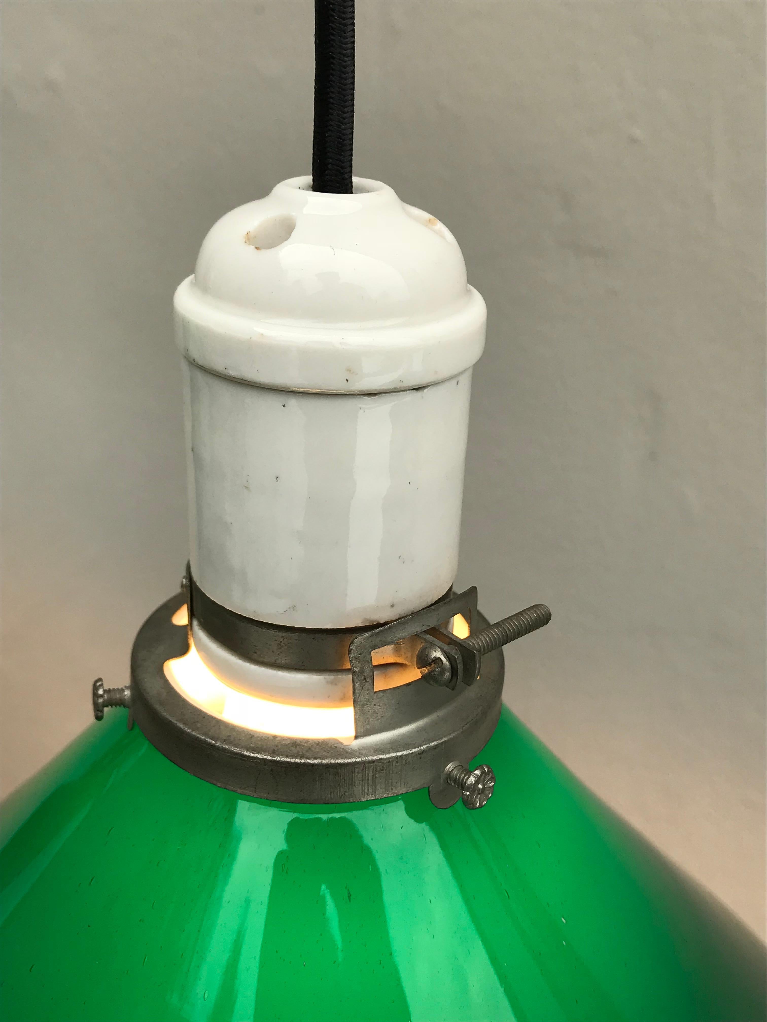 Pair of Mid Century Industrial Green Glass Pendant Lights, Germany In Good Condition In Bedford Hills, NY