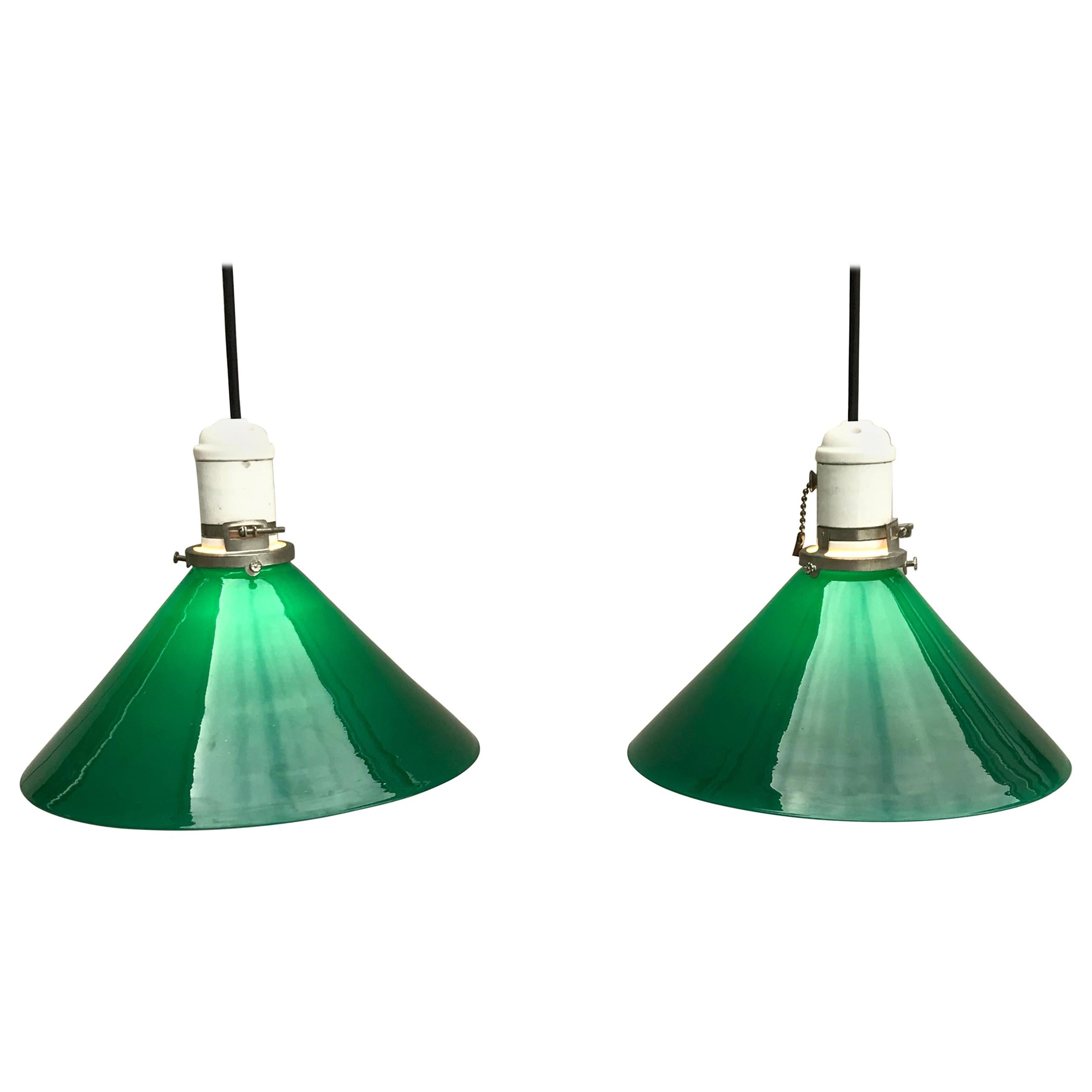 Pair of Mid Century Industrial Green Glass Pendant Lights, Germany