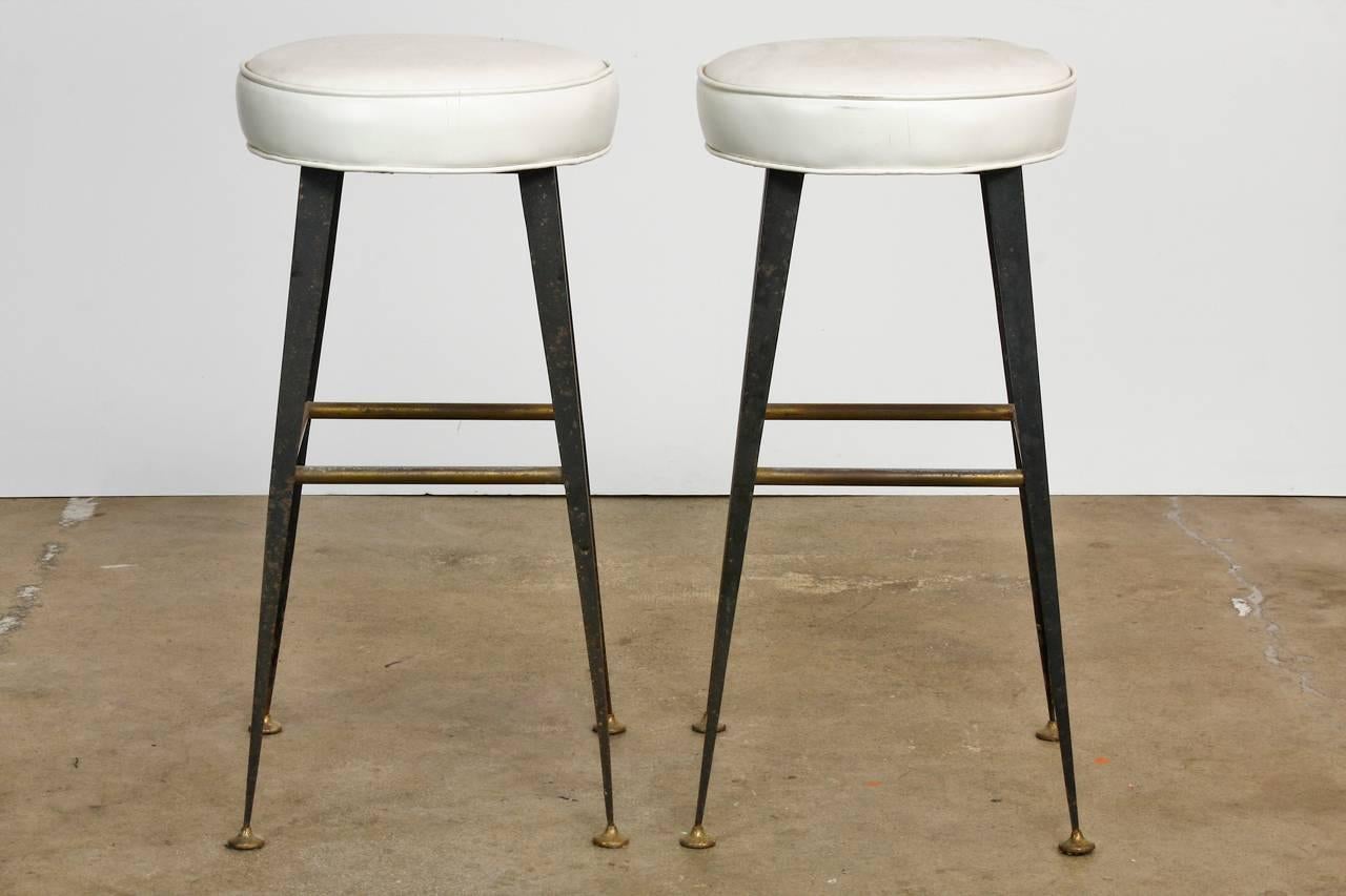 Hand-Crafted Pair of Midcentury Industrial Iron and Vinyl Barstools