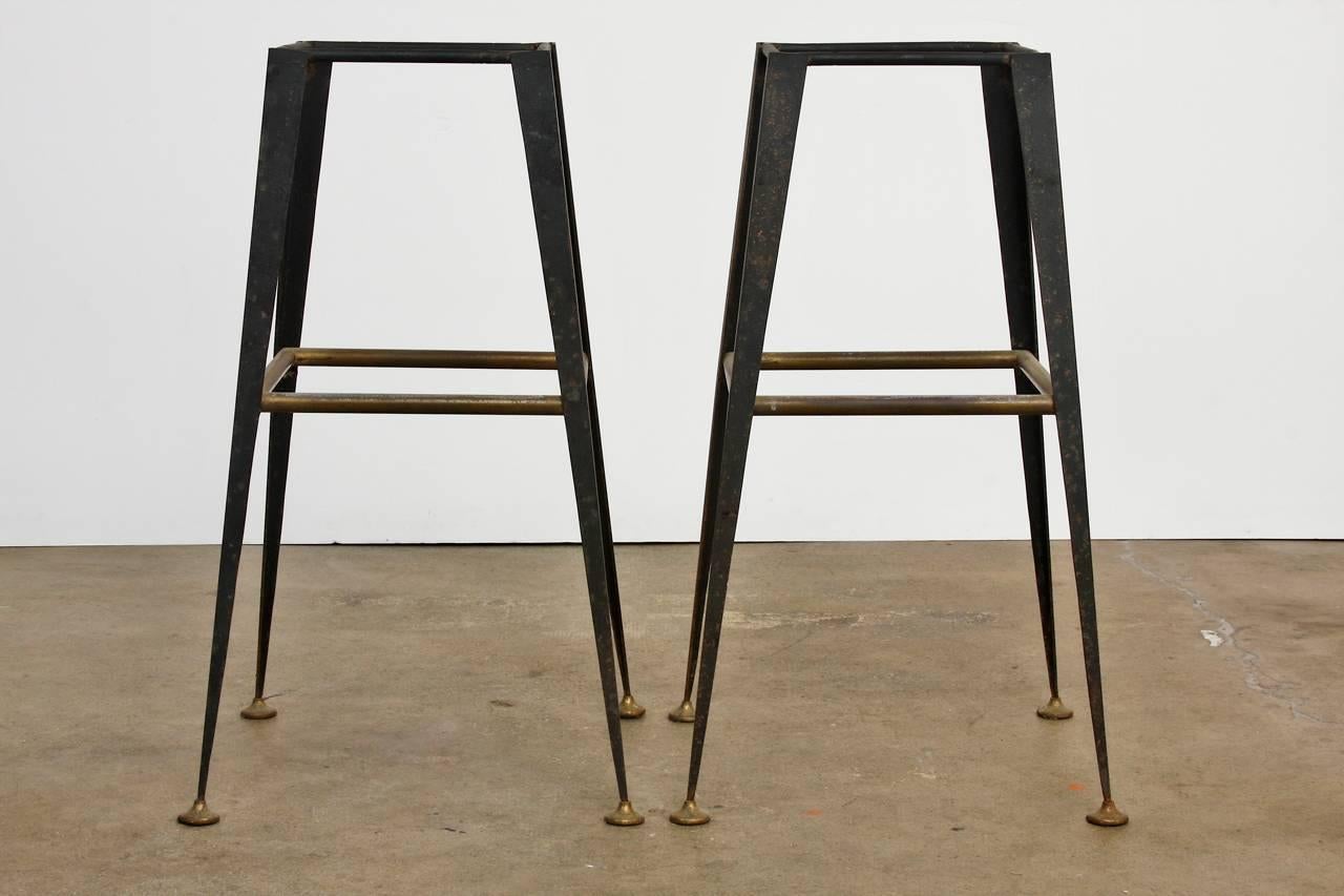 Pair of Midcentury Industrial Iron and Vinyl Barstools 2