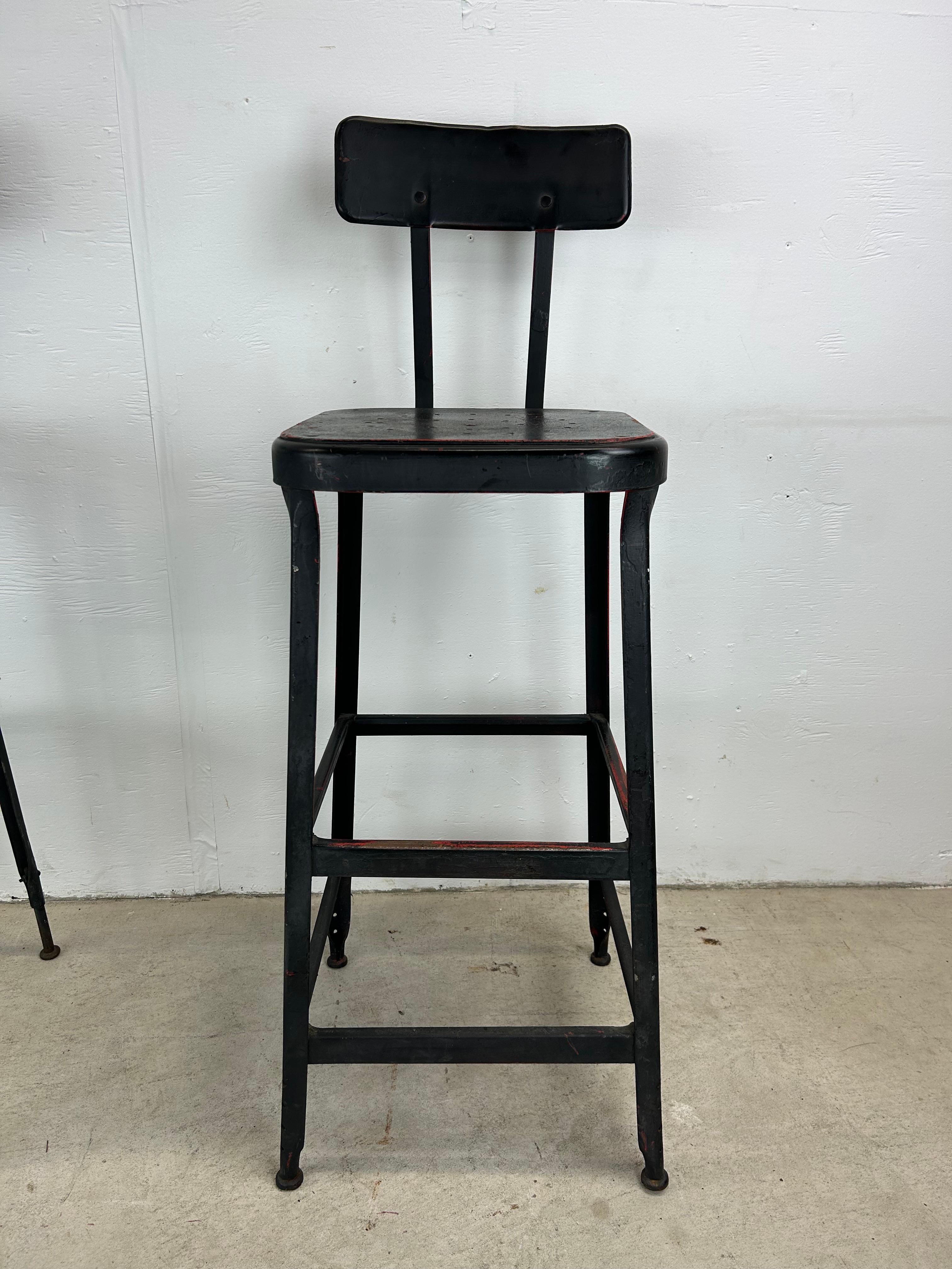 Pair of Mid Century Industrial Stools with Unique Patina For Sale 4