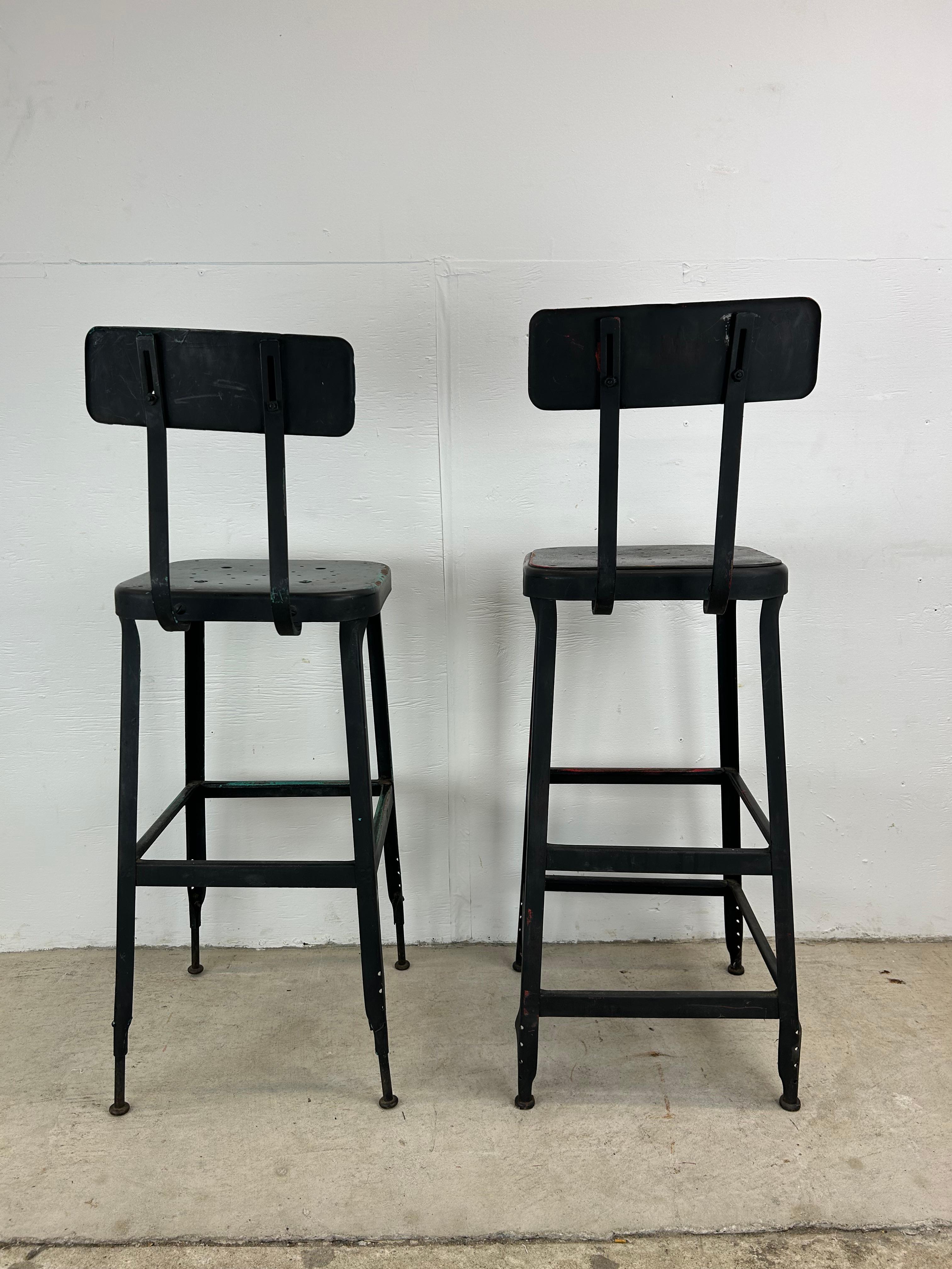 Pair of Mid Century Industrial Stools with Unique Patina For Sale 6