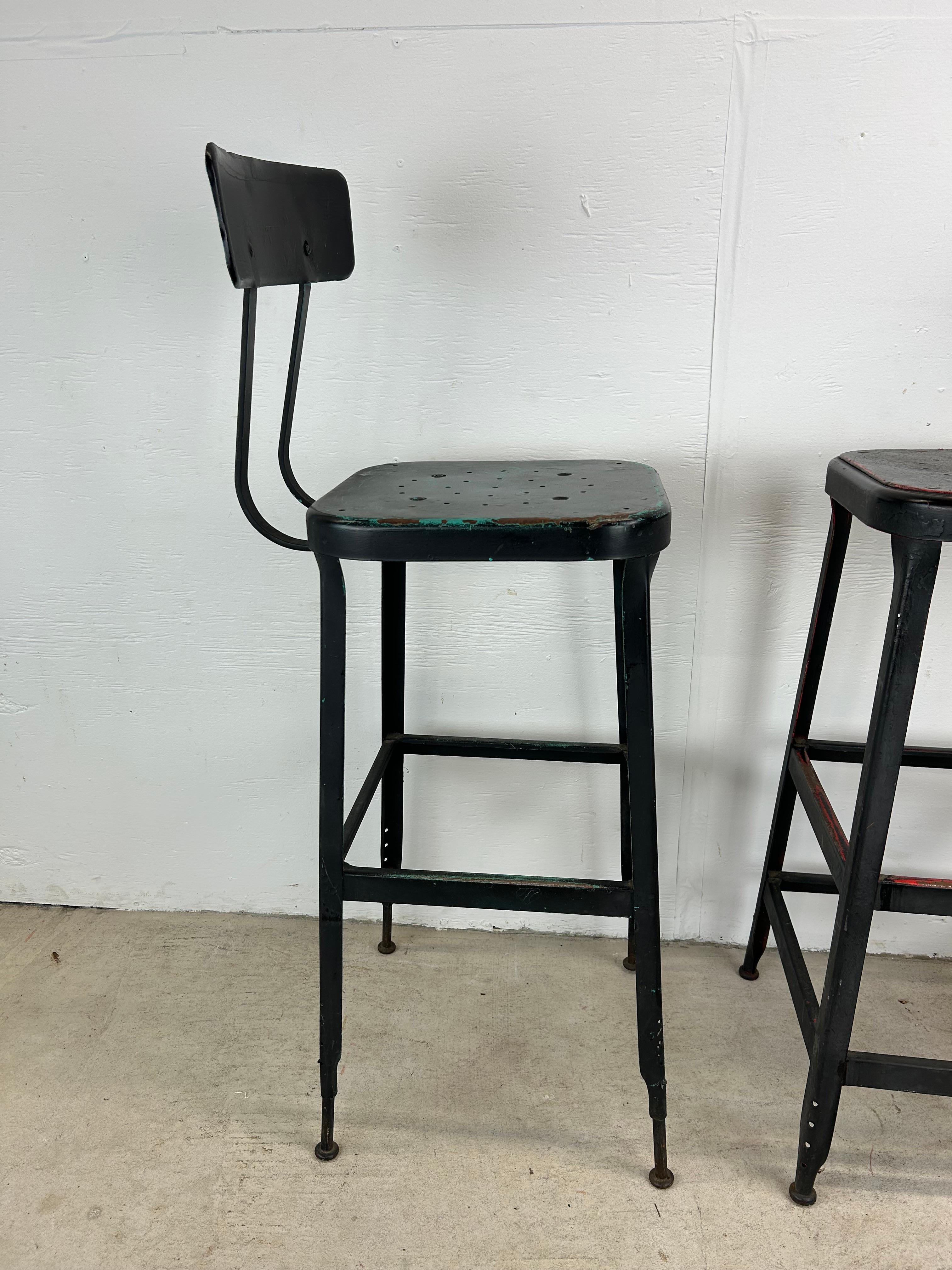 Pair of Mid Century Industrial Stools with Unique Patina For Sale 7