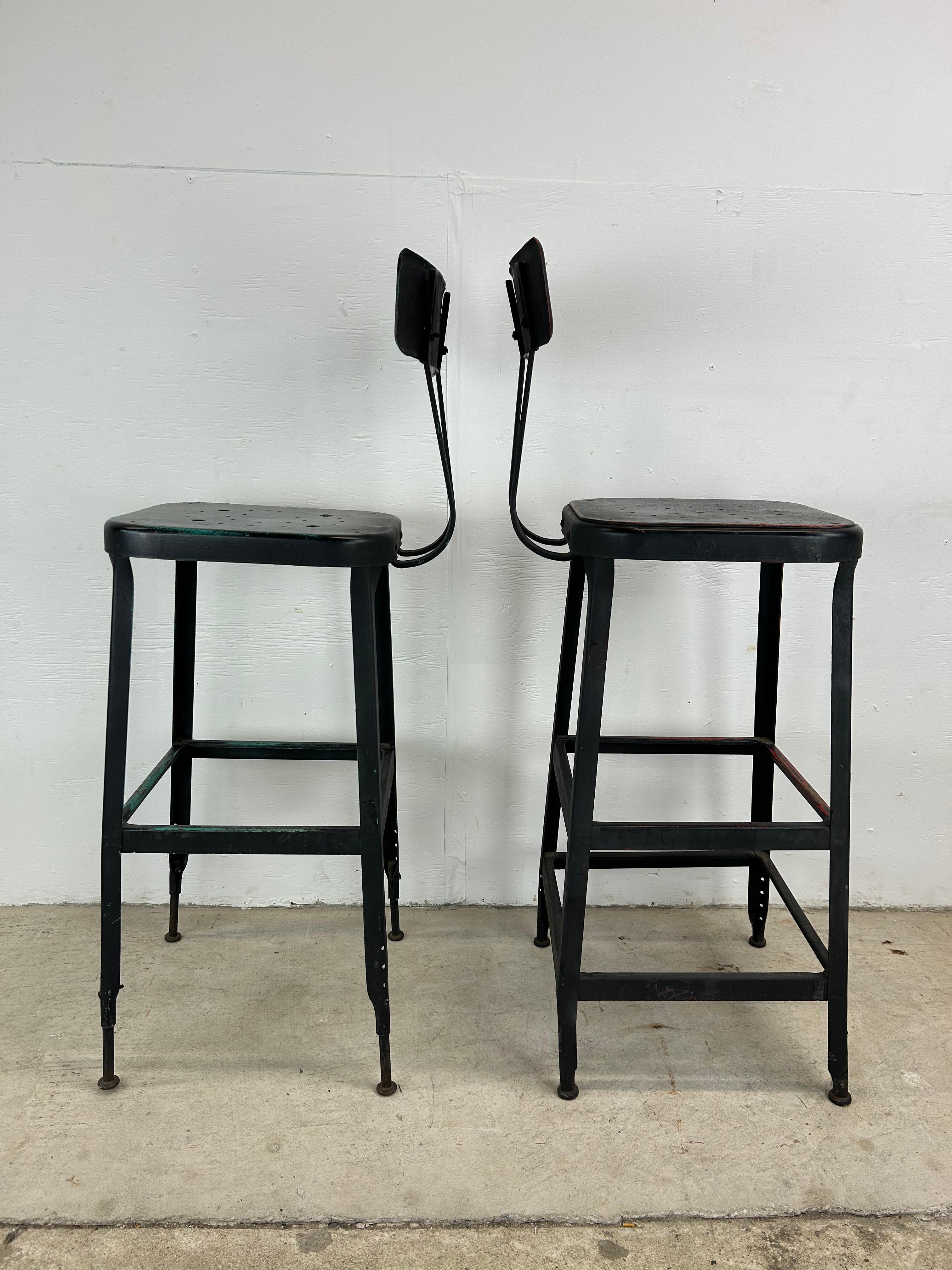 Pair of Mid Century Industrial Stools with Unique Patina For Sale 8