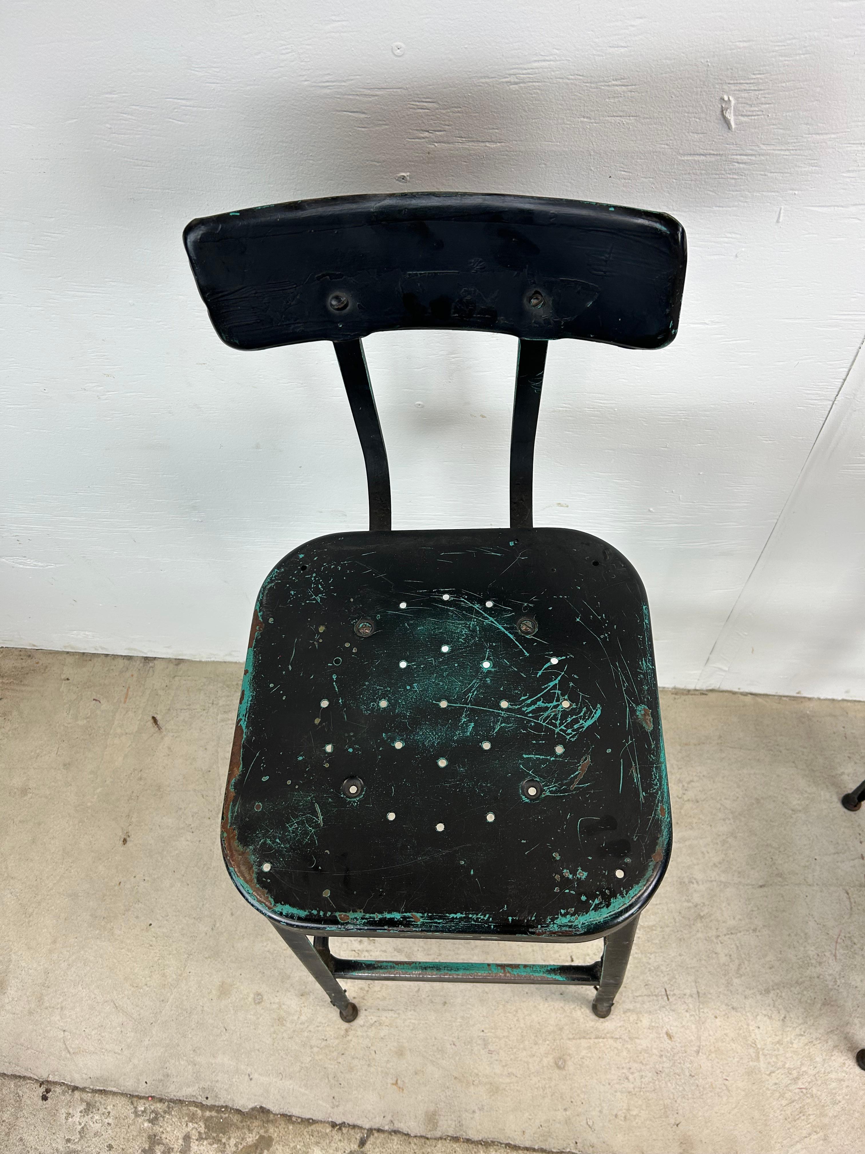 Pair of Mid Century Industrial Stools with Unique Patina For Sale 1