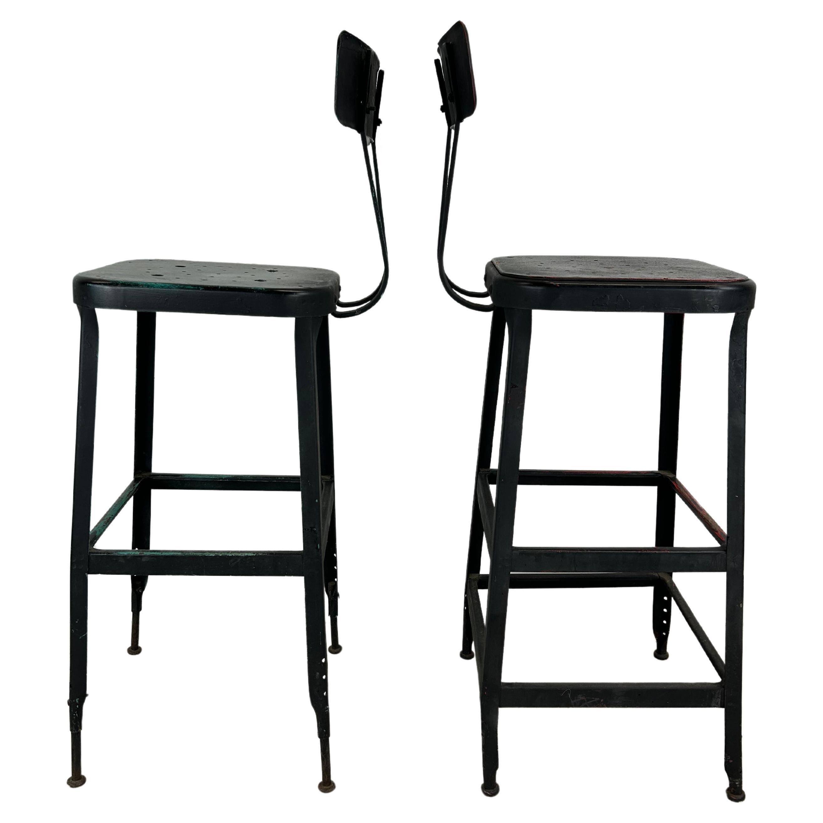 Pair of Mid Century Industrial Stools with Unique Patina For Sale