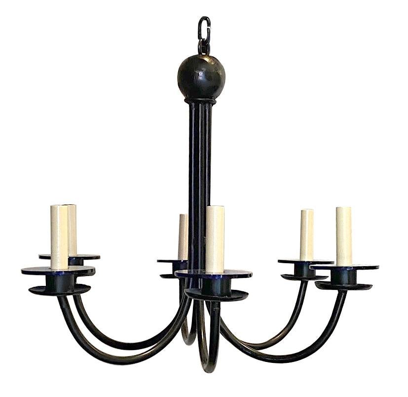 An Italian circa 1960's wrought iron chandelier with blue glass bobeches. 
Measurements:
Diameter 22.5