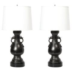 Pair of Mid-Century Iron Dragon Amphora Chinoiserie Table Lamps w/ Ring Details