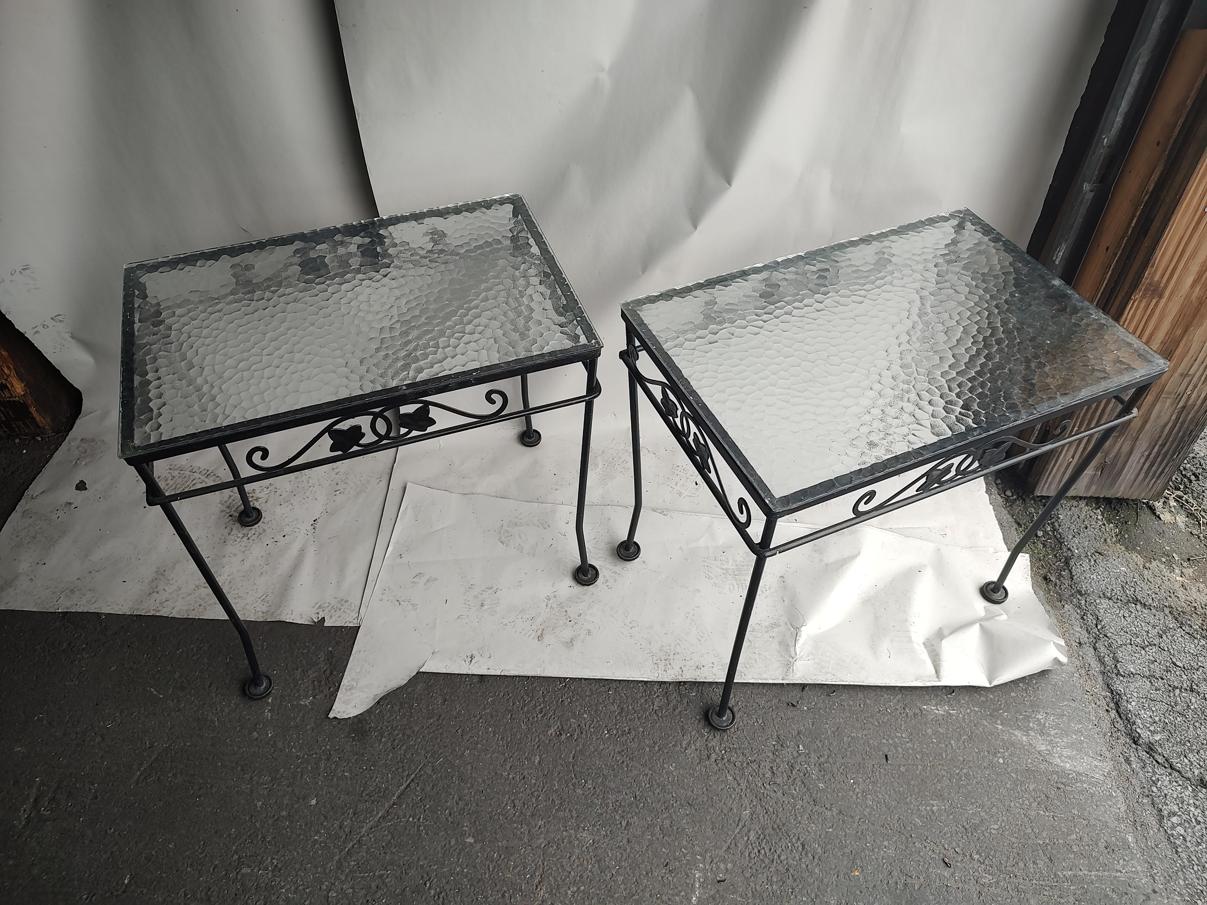 Mid-20th Century Pair of Midcentury Iron with Textured Glass Top End Tables by John Salterini For Sale