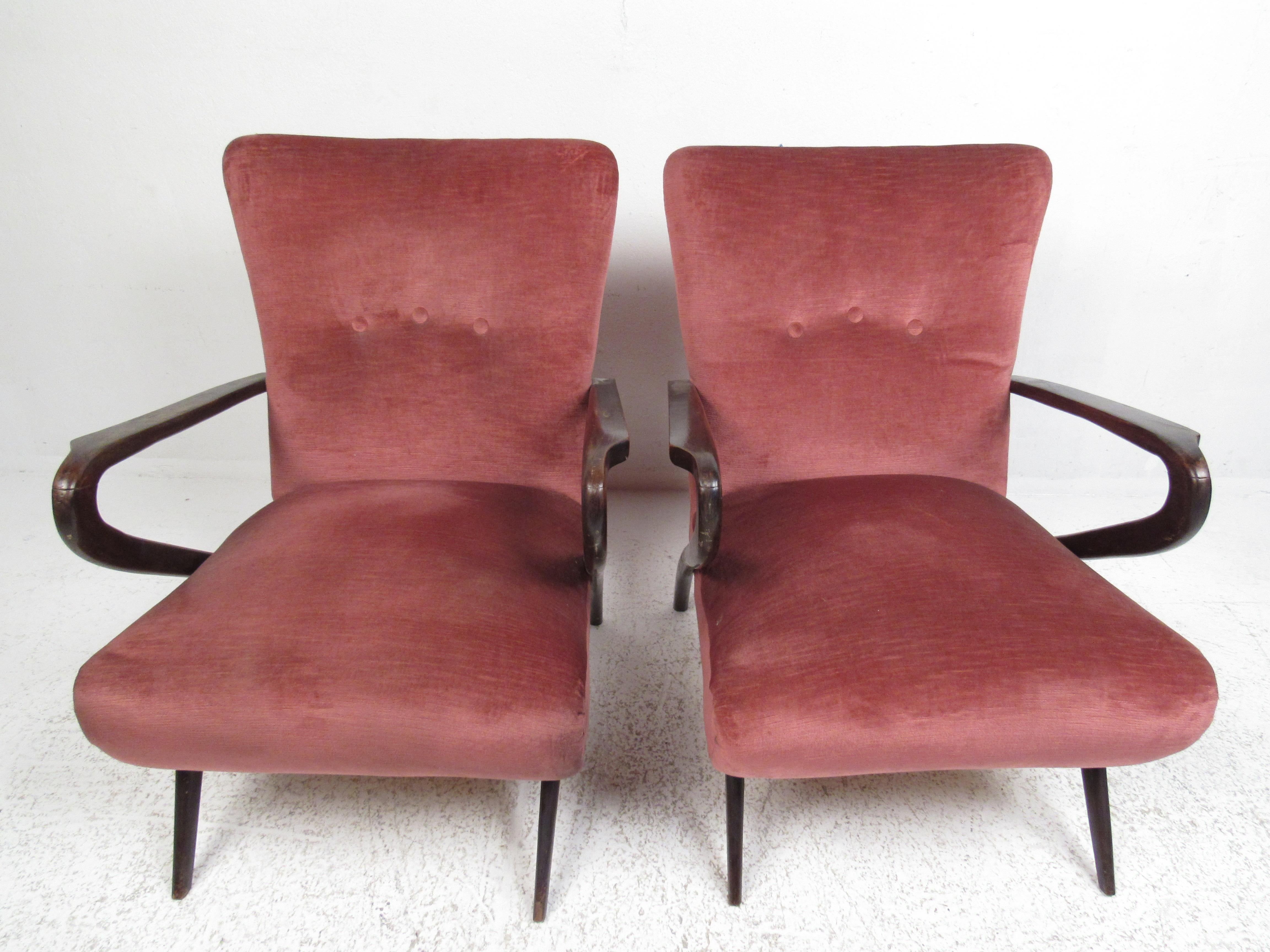 Stylish and sculptural open armchairs by renowned Italian artist Paolo Buffa. Sleek timeless design, perfect for that midcentury home or office environment. Please confirm item location (NY or NJ) with dealer.