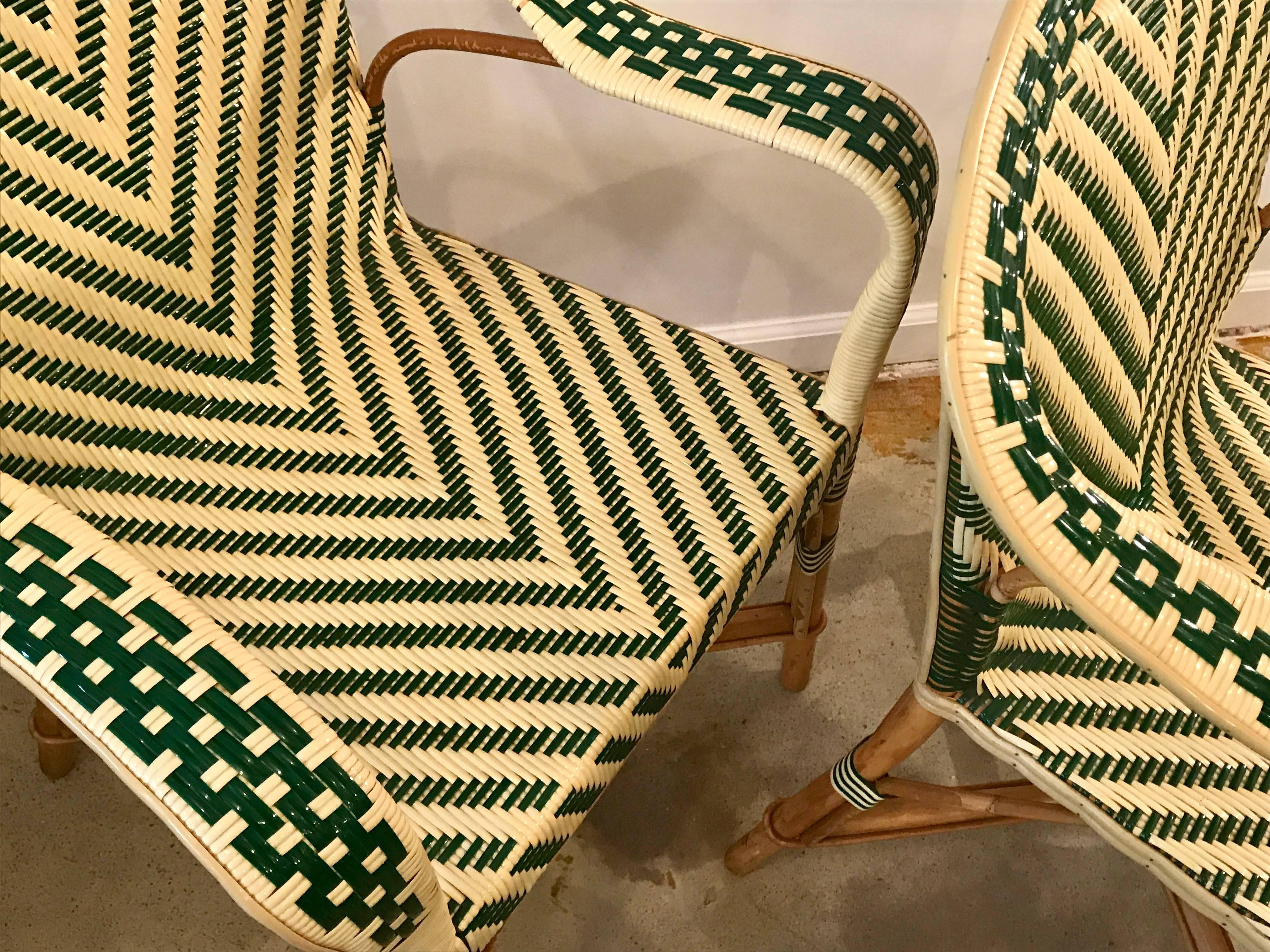 Mid-Century Modern Pair of Mid Century French Armchairs, Two-Tone Wicker Rattan Chevron Pattern