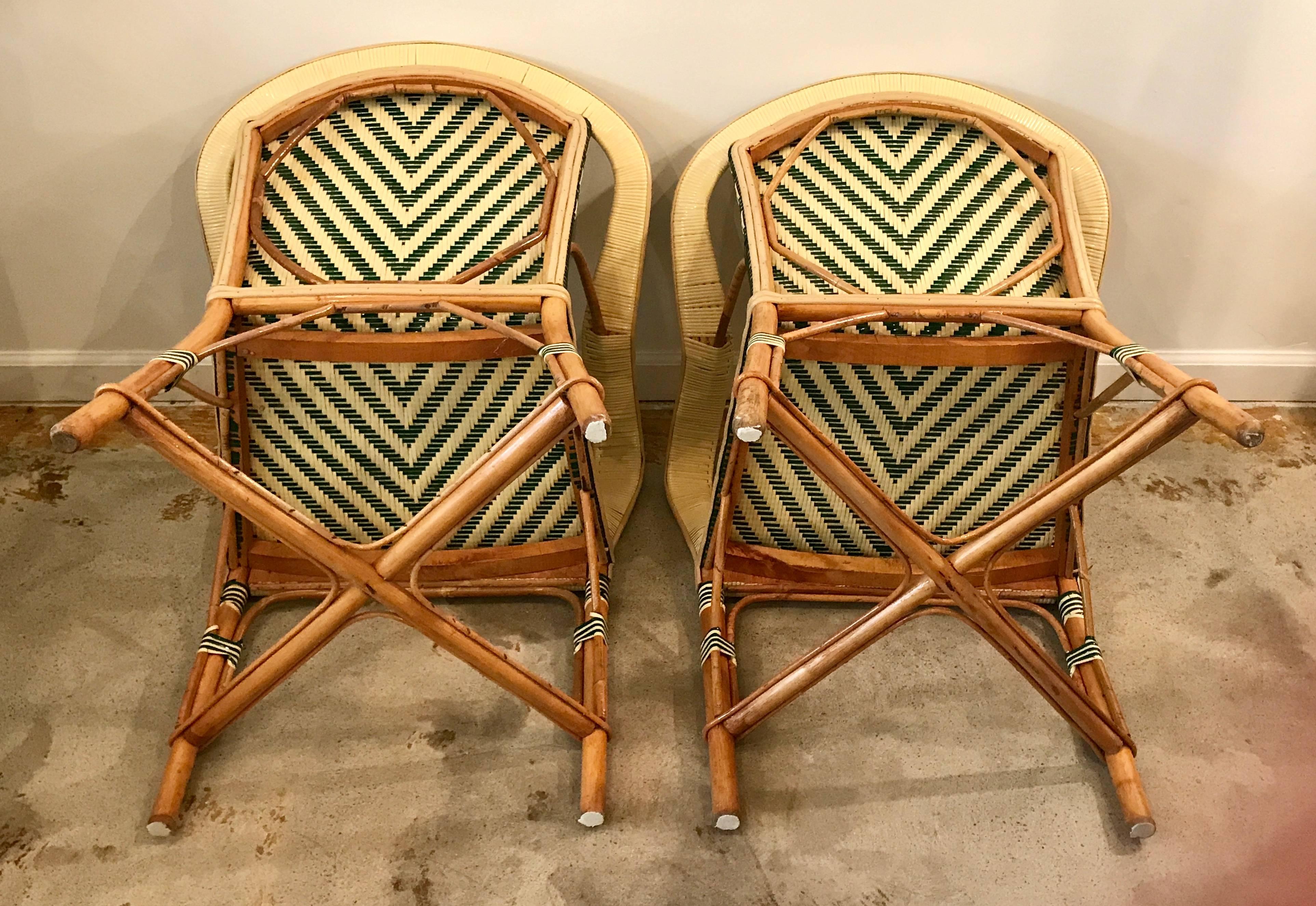 Mid-20th Century Pair of Mid Century French Armchairs, Two-Tone Wicker Rattan Chevron Pattern