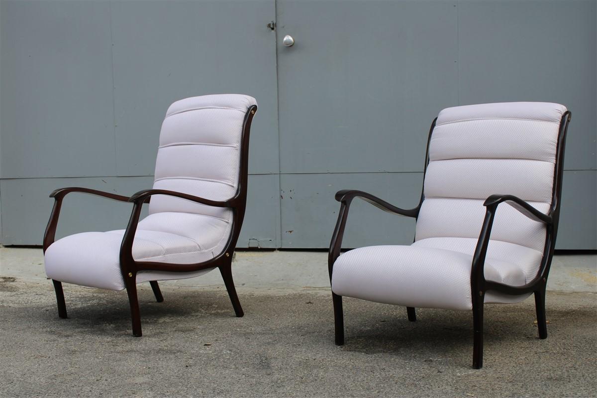 Pair of midcentury Italian armchairs curved Arredamenti Corallo made in Italy, lateral structure in walnut wood, new upholstered fabric with bands.