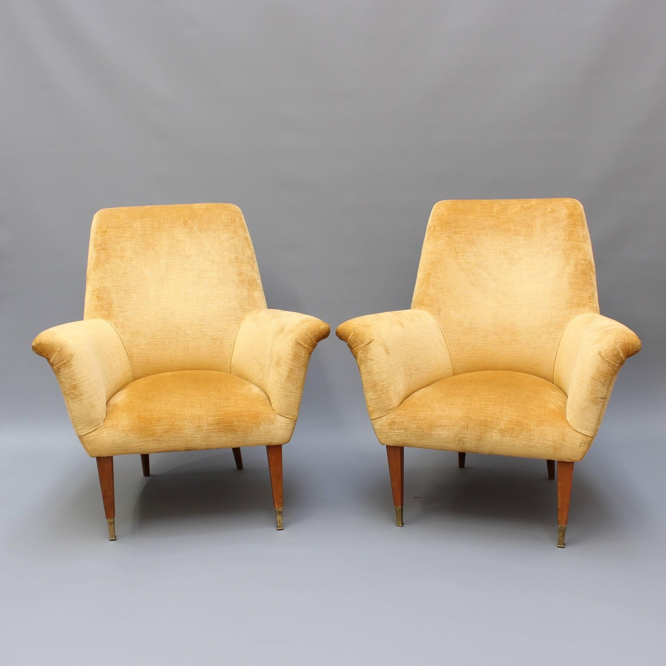 A stunning pair of restored Italian Mid-Century Modern armchairs with golden-yellow velvet upholstery (circa 1950s). The stylish lounge chairs are characterized by their modern lines, elegant wooden legs and brass feet. Comfort and Italian style all