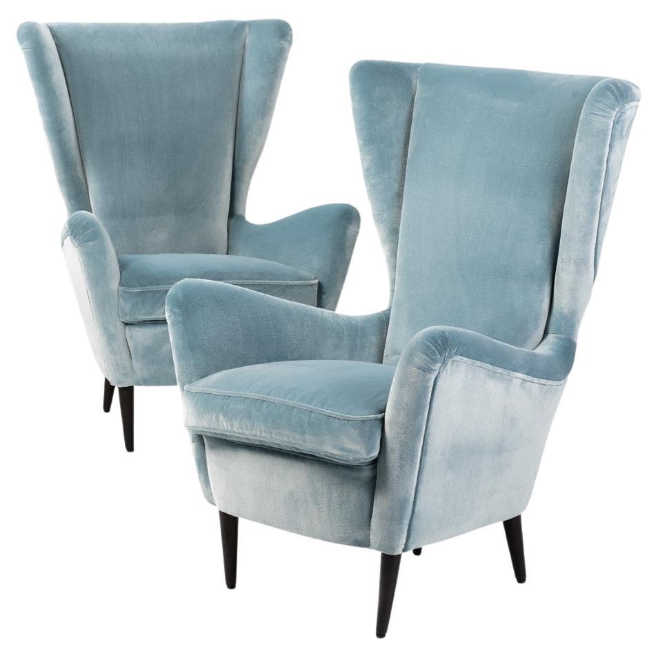 Pair of Mid-Century Italian Armchairs in Turquoise-Acqua Velvet by ISA, Bergamo