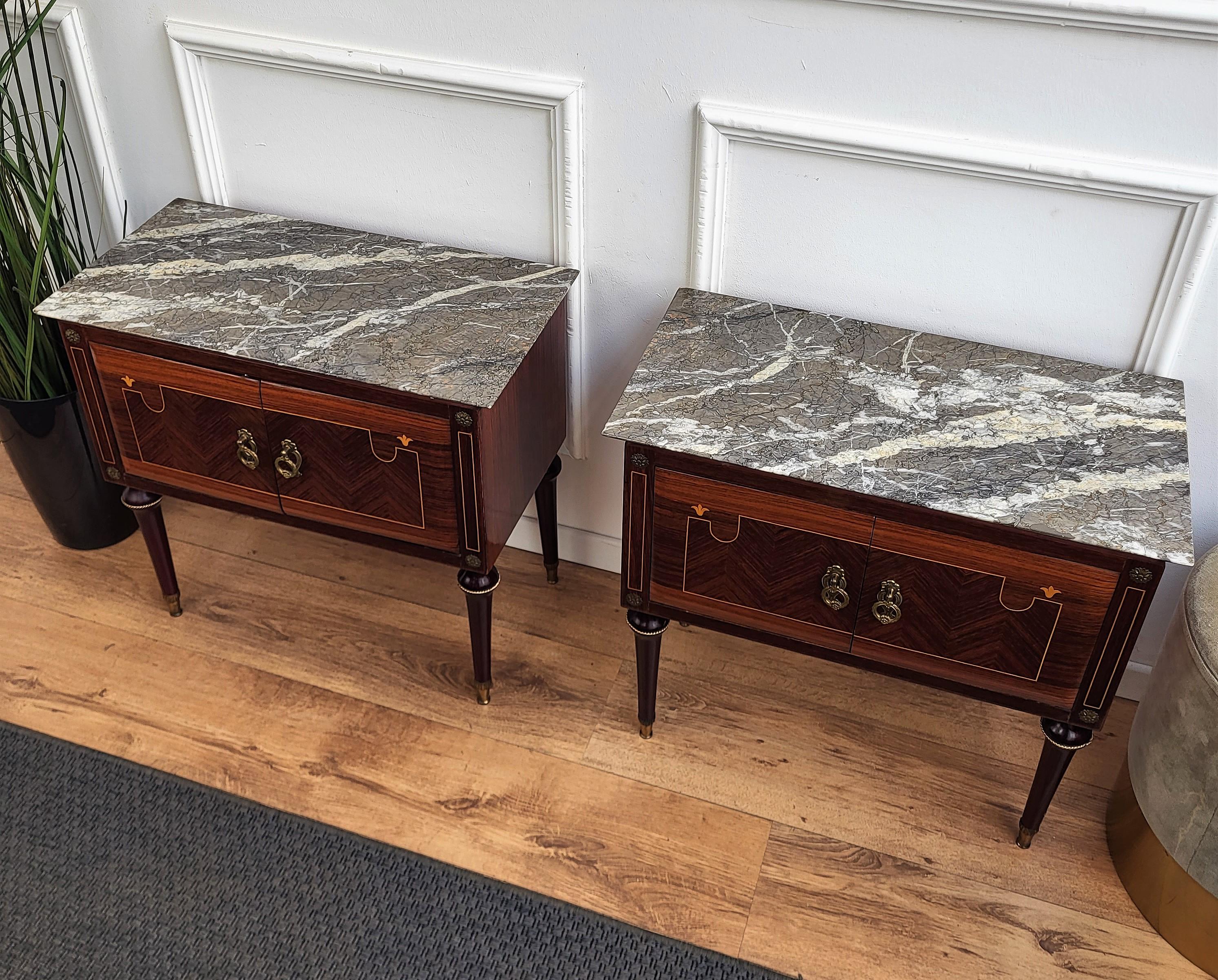 Brass Pair of Mid-Century Italian Art Deco Nightstands Bedside Tables Marble Top
