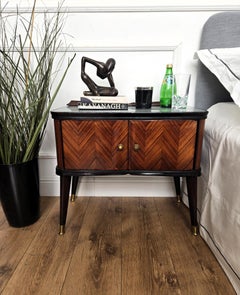 Pair of Mid-Century Italian Art Deco Nightstands Bedside Tables Walnut Glass Top