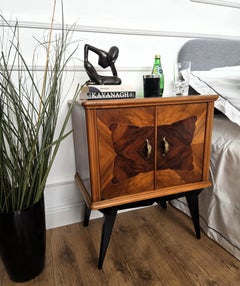 Pair of Mid-Century Italian Art Deco Nightstands Bedside Tables Walnut Glass Top