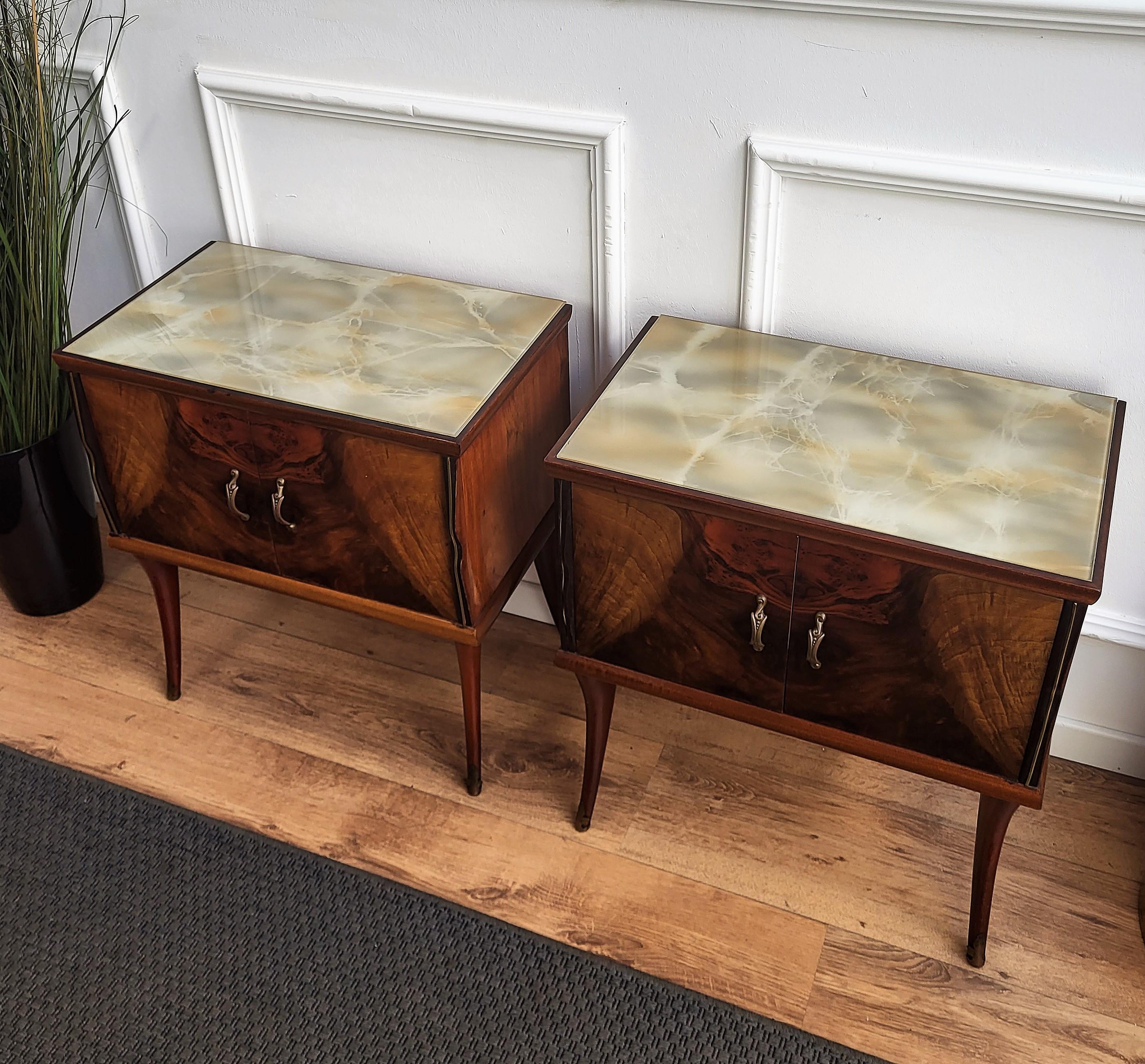 Pair of Mid-Century Italian Art Deco Nightstands Bedside Tables Walnut Glass Top 1