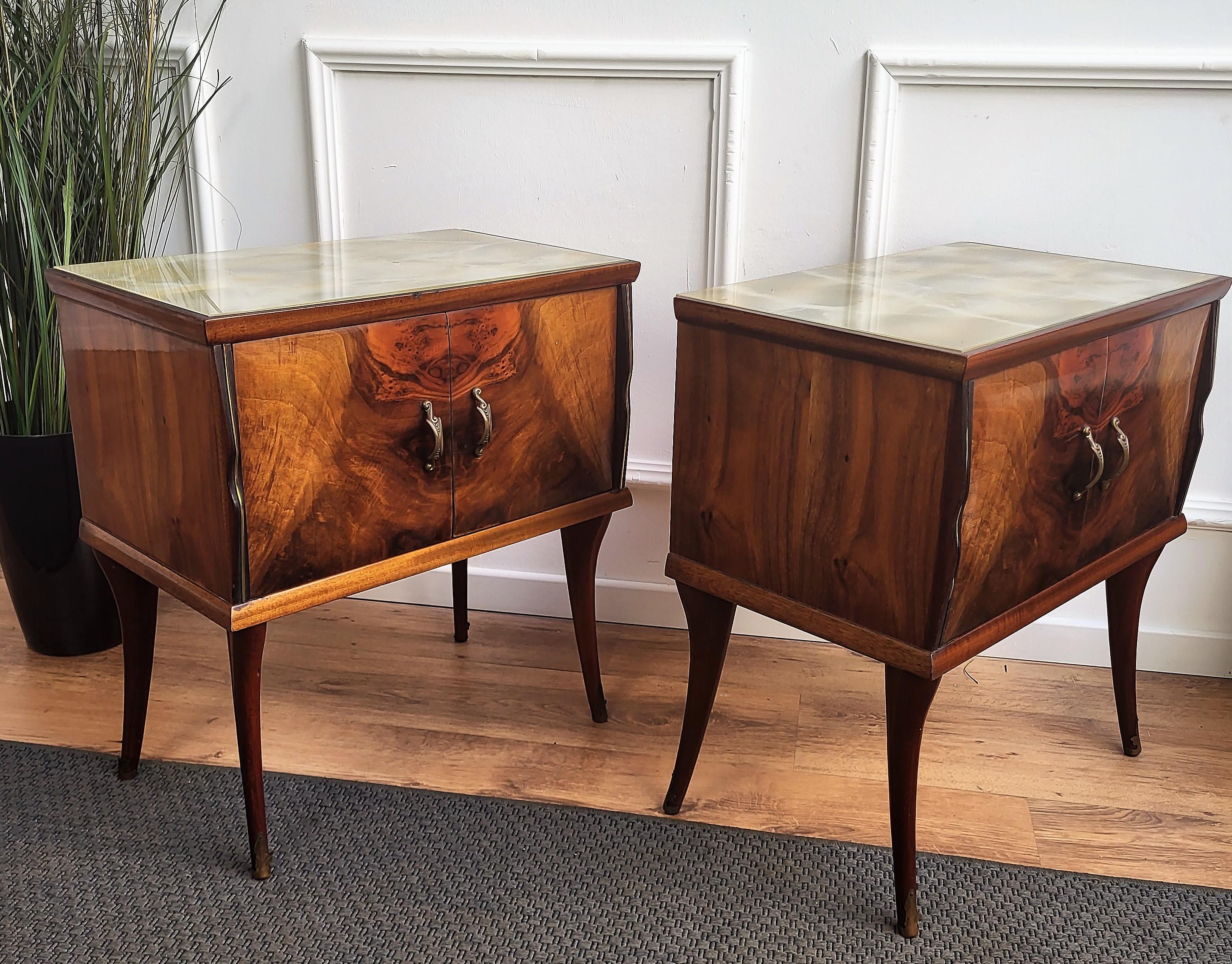 Pair of Mid-Century Italian Art Deco Nightstands Bedside Tables Walnut Glass Top 2