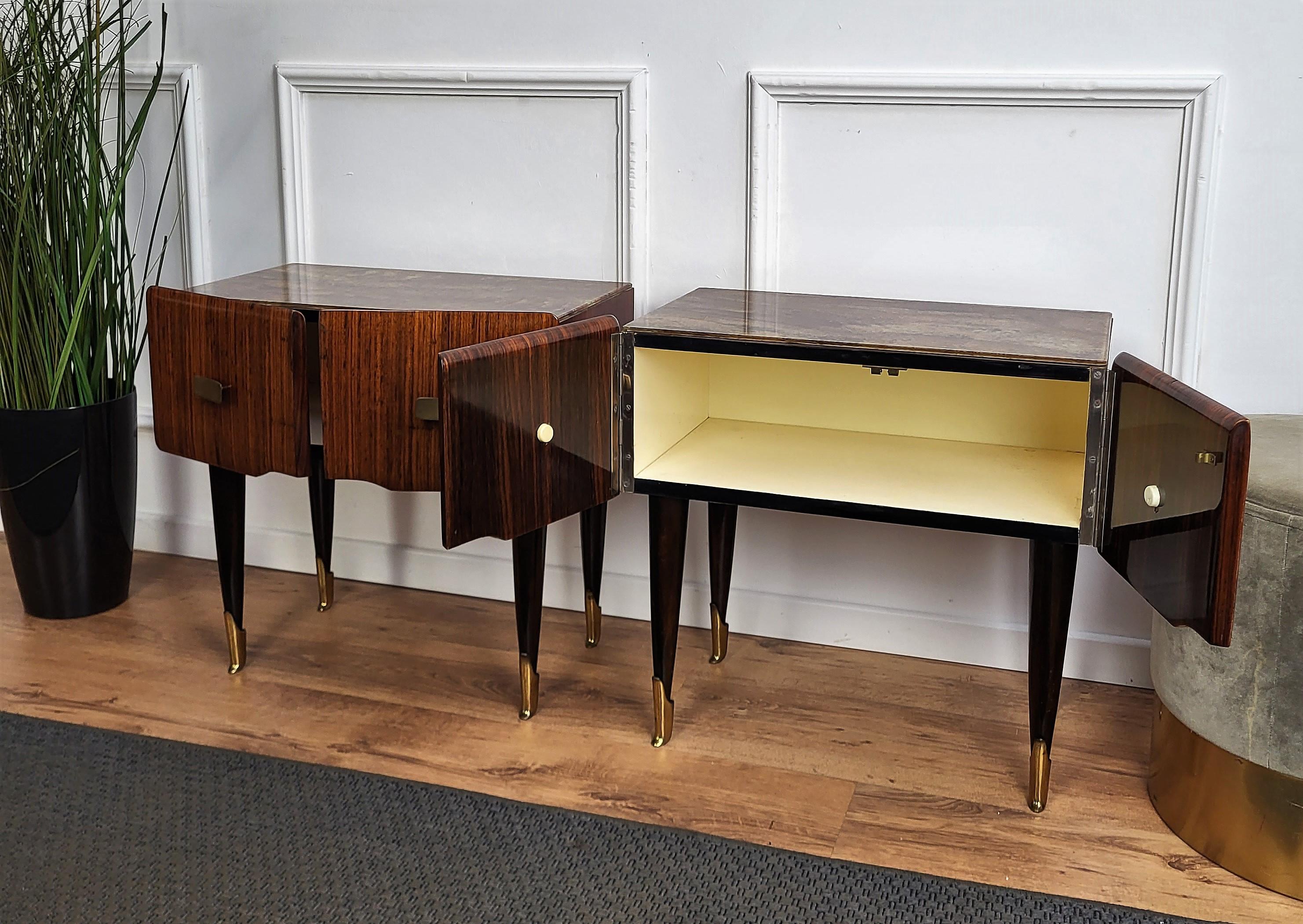 Pair of Mid-Century Italian Art Deco Nightstands Bedside Tables Walnut Glass Top 1
