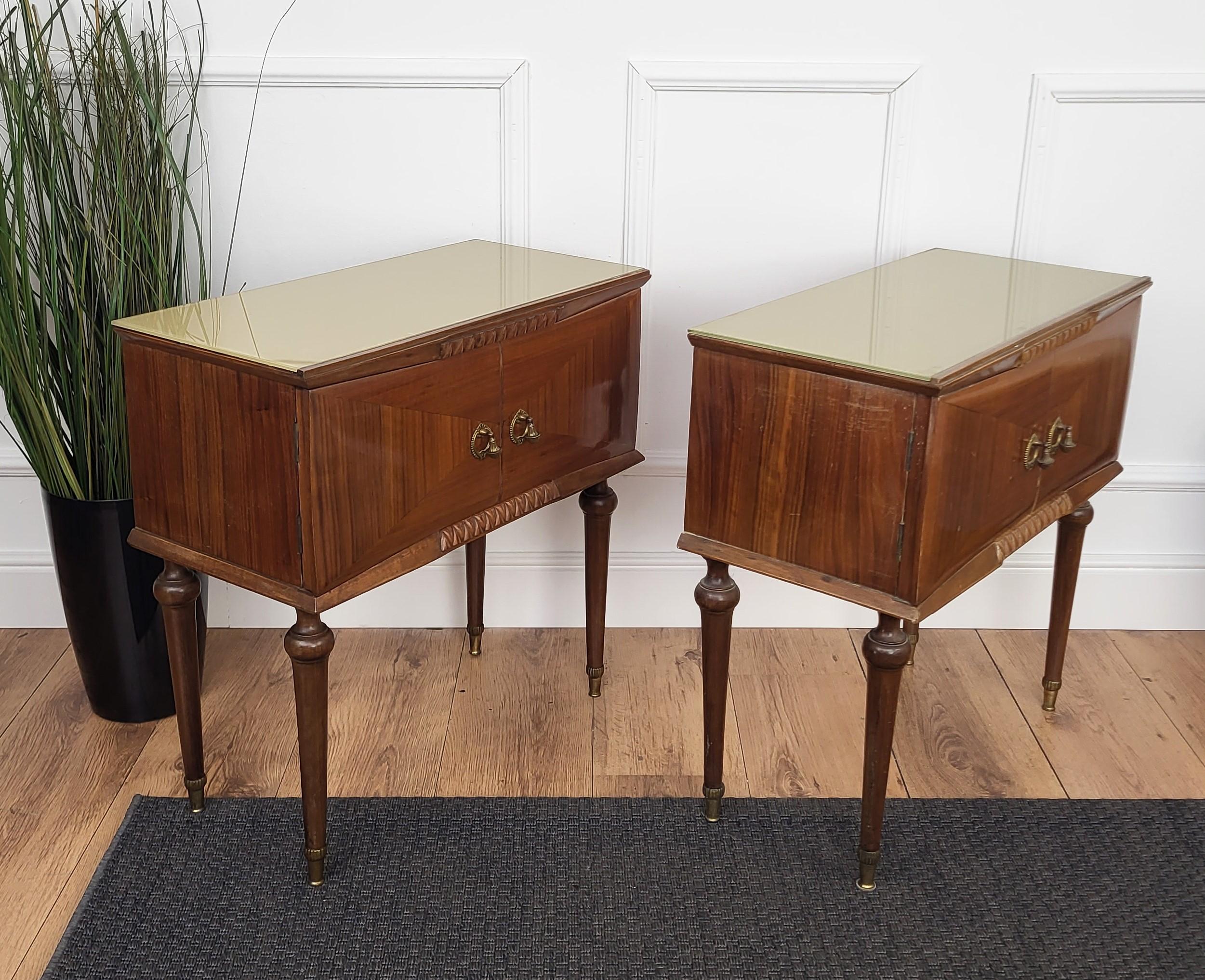 Pair of Mid-Century Italian Art Deco Nightstands Bedside Tables Walnut Glass Top 1