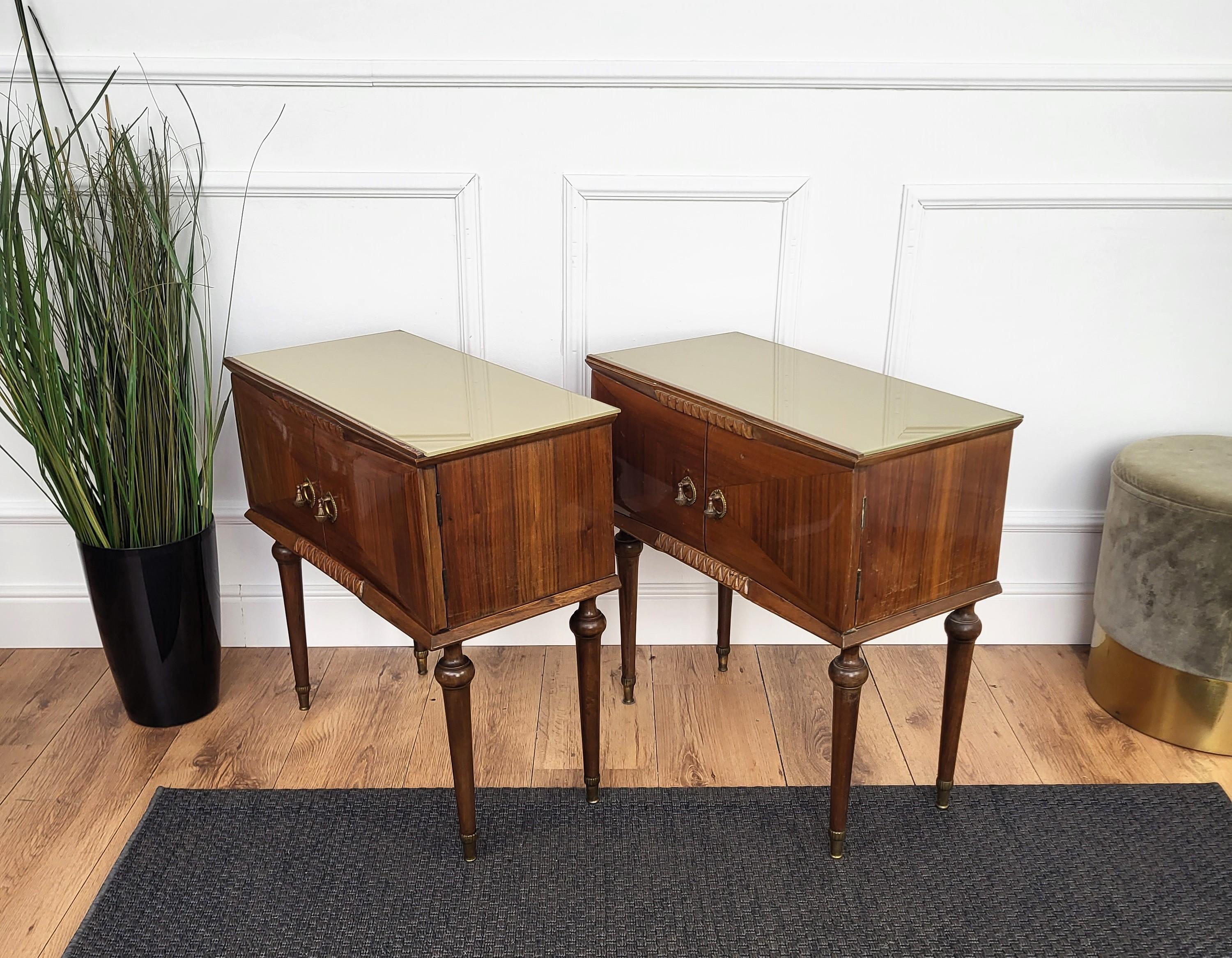 Pair of Mid-Century Italian Art Deco Nightstands Bedside Tables Walnut Glass Top 2