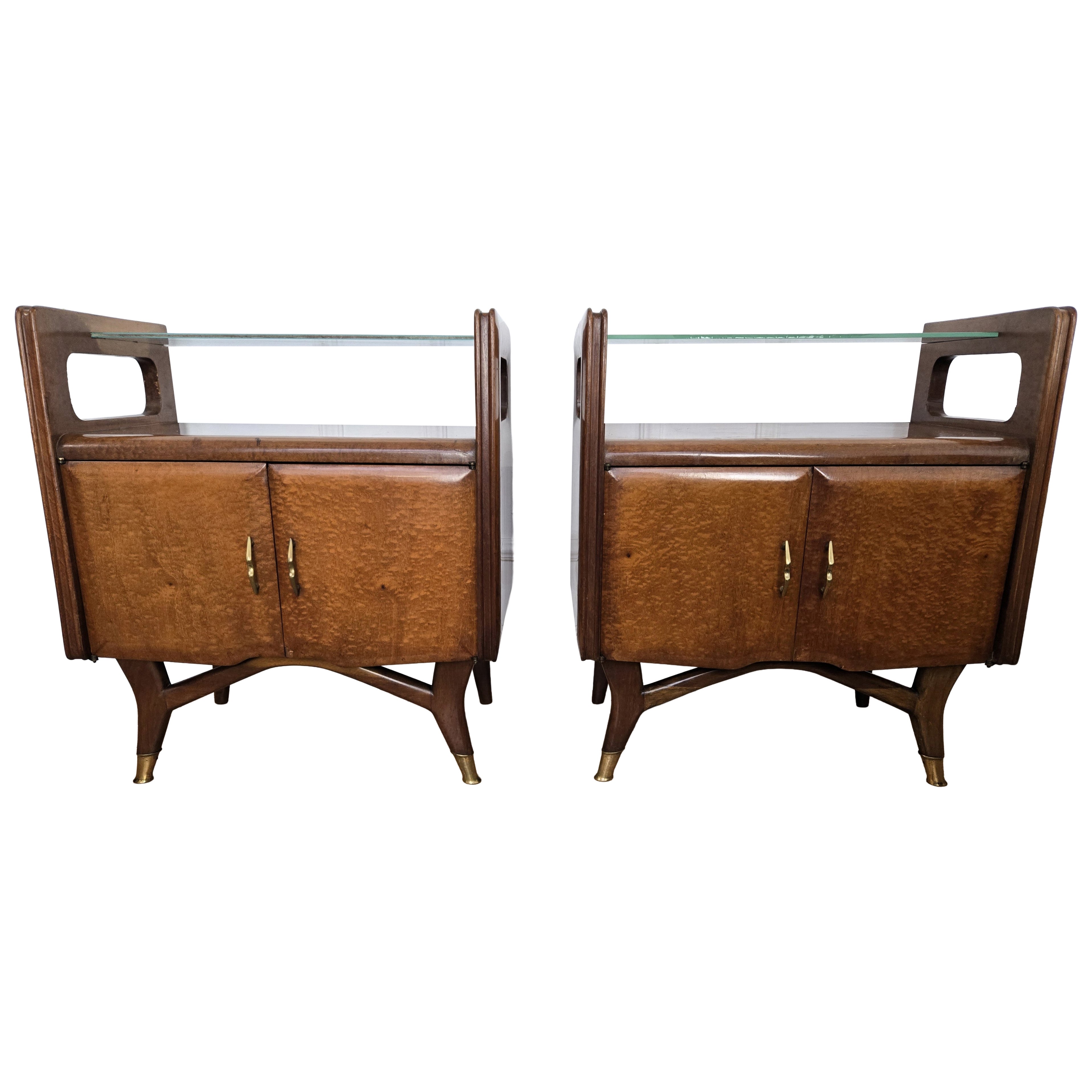 Pair of Mid-Century Italian Art Deco Nightstands Bedside Tables Walnut Glass Top For Sale