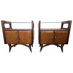 Pair of Mid-Century Italian Art Deco Nightstands Bedside Tables Walnut Glass Top Pair of Mid-Century Italian Art Deco Nightstands Bedside Tables Walnut Glass Top