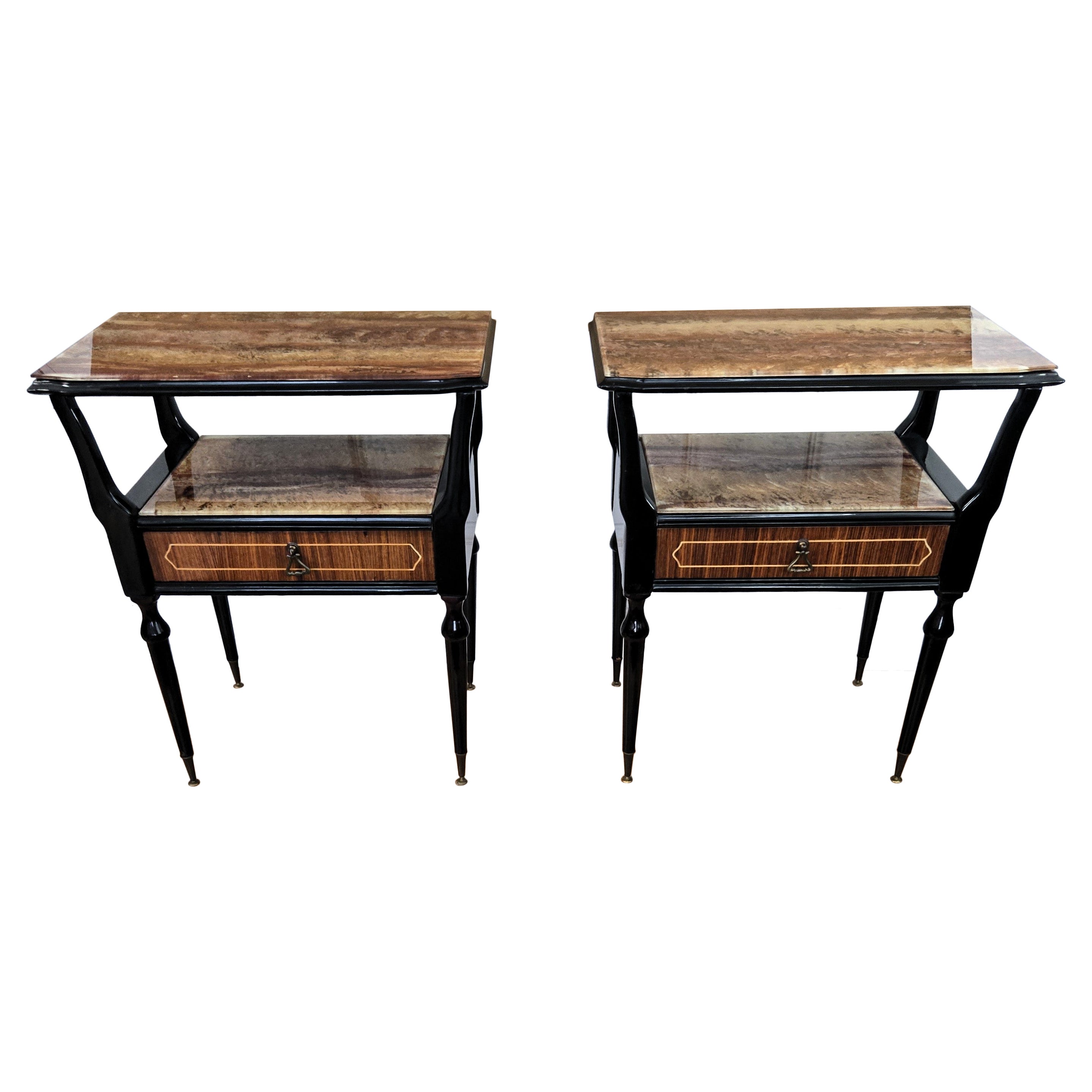 Pair of Mid-Century Italian Art Deco Nightstands Bedside Tables Walnut Glass Top