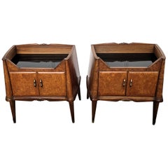 Pair of Mid-Century Italian Art Deco Nightstands Bedside Tables Walnut Glass Top