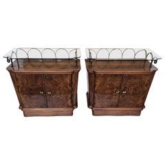 Pair of Mid-Century Italian Art Deco Nightstands Bedside Tables Walnut Glass Top