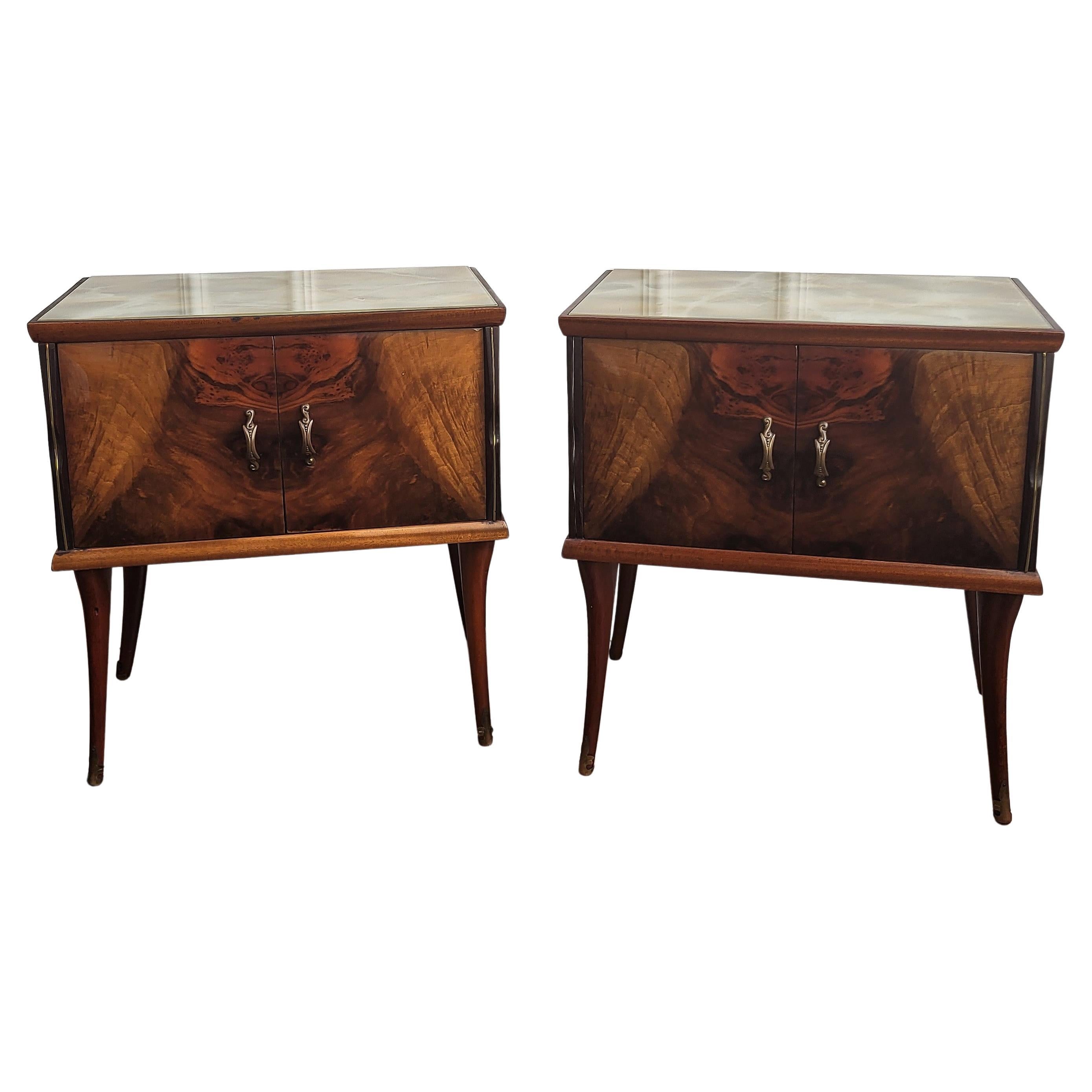 Pair of Mid-Century Italian Art Deco Nightstands Bedside Tables Walnut Glass Top