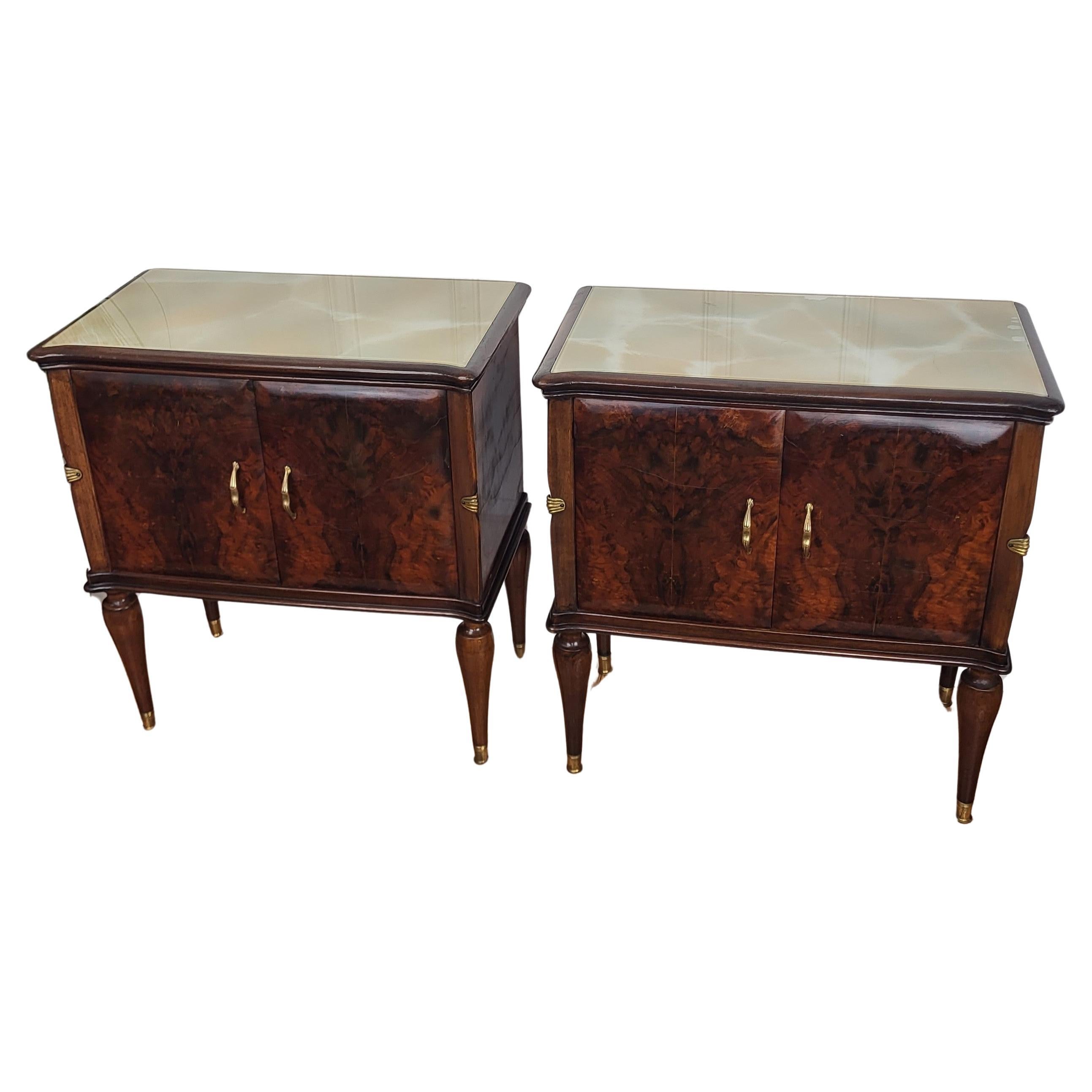 Pair of Mid-Century Italian Art Deco Nightstands Bedside Tables Walnut Glass Top For Sale