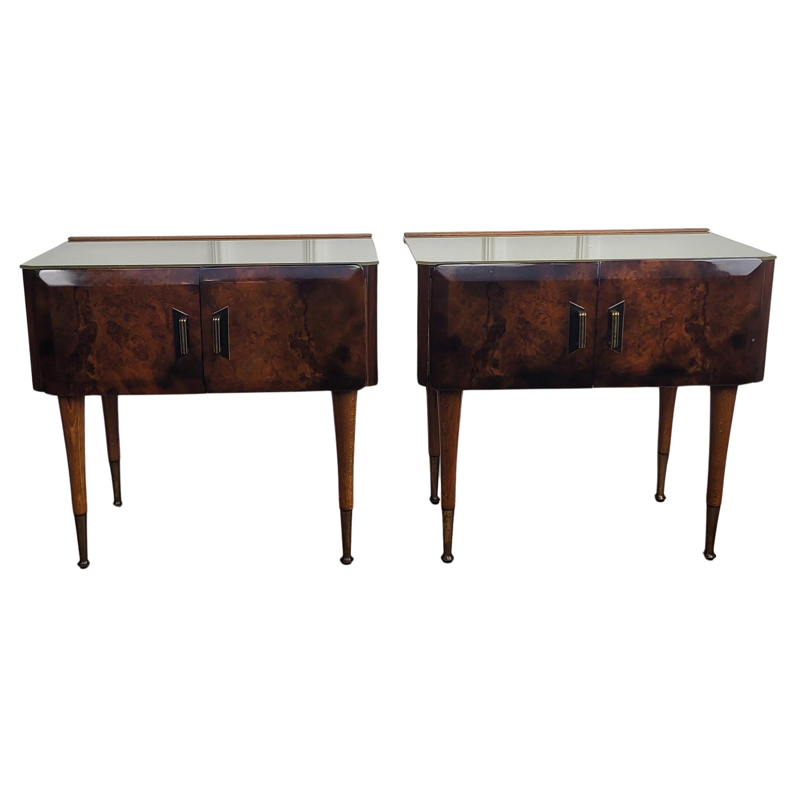 Pair of Mid-Century Italian Art Deco Nightstands Bedside Tables Walnut Glass Top For Sale
