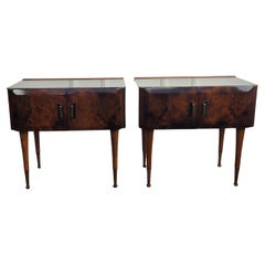 Used Pair of Mid-Century Italian Art Deco Nightstands Bedside Tables Walnut Glass Top