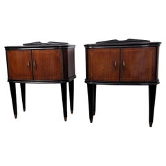 Used Pair of Mid-Century Italian Art Deco Nightstands Bedside Tables Walnut Glass Top