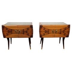 Pair of Mid-Century Italian Art Deco Nightstands Bedside Tables Walnut Glass Top