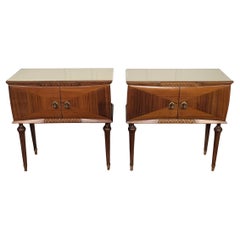 Pair of Mid-Century Italian Art Deco Nightstands Bedside Tables Walnut Glass Top