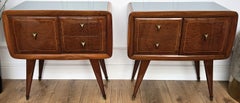Pair of Mid-Century Italian Art Deco Nightstands Bedside Tables Walnut Glass Top