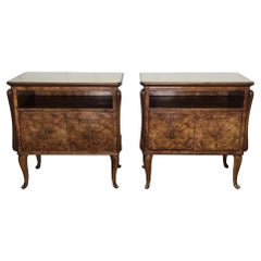 Pair of Mid-Century Italian Art Deco Nightstands Bedside Tables Walnut Glass Top
