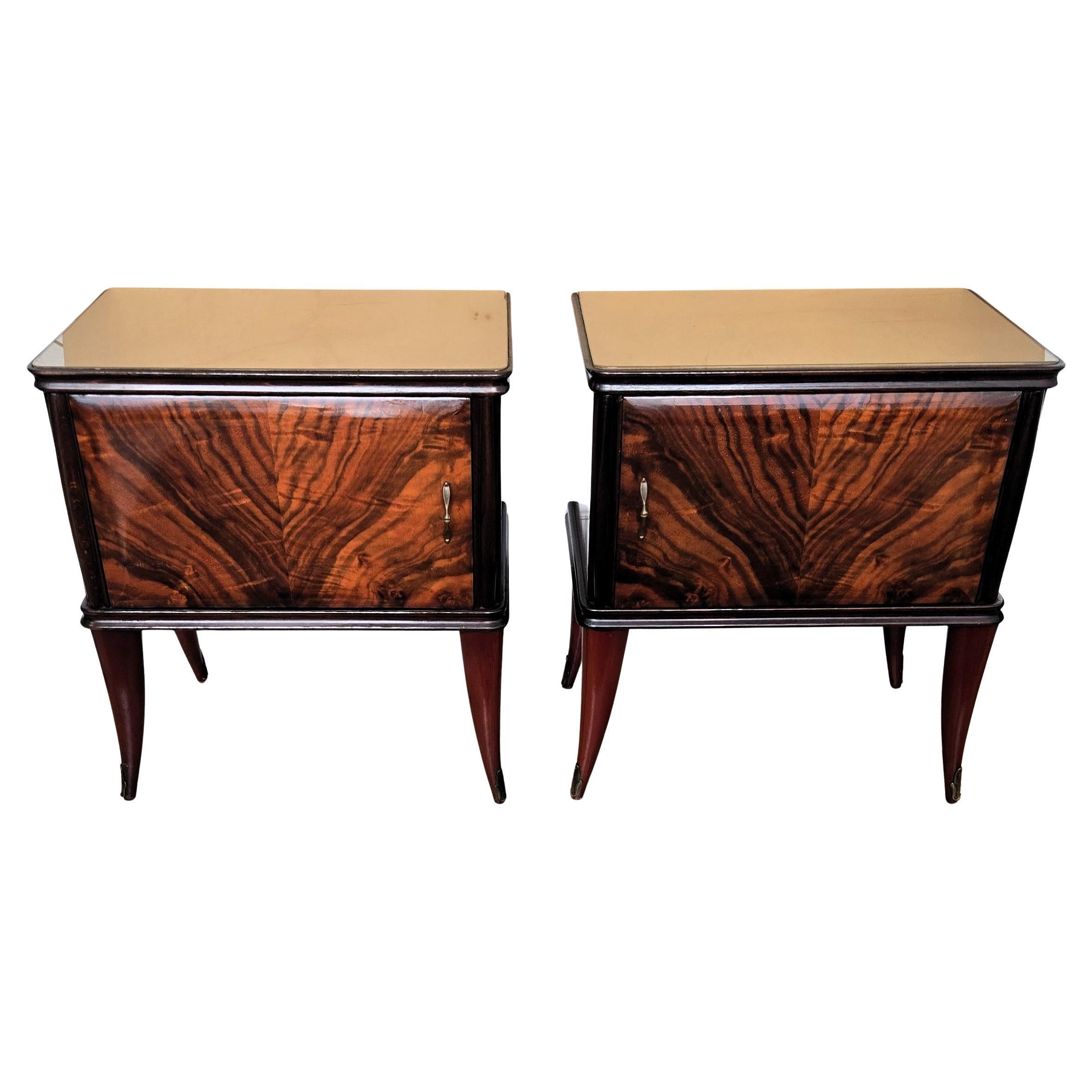 Pair of Mid-Century Italian Art Deco Nightstands Bedside Tables Walnut Glass Top