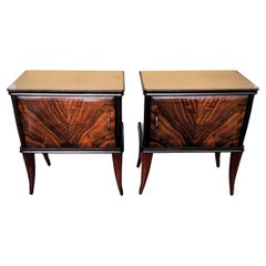 Pair of Mid-Century Italian Art Deco Nightstands Bedside Tables Walnut Glass Top