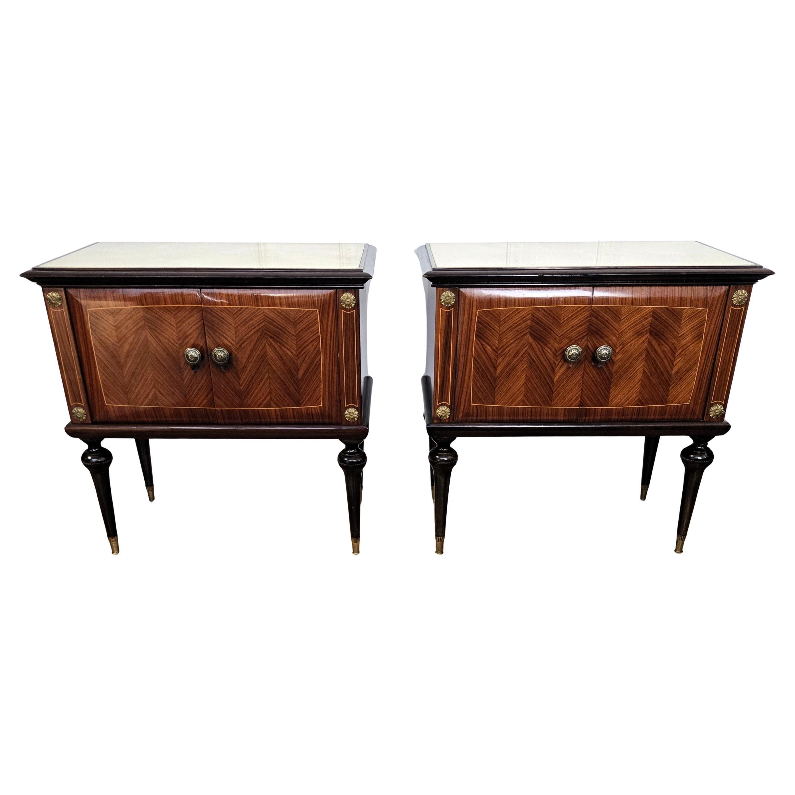 Pair of Mid-Century Italian Art Deco Nightstands Bedside Tables Walnut Glass Top